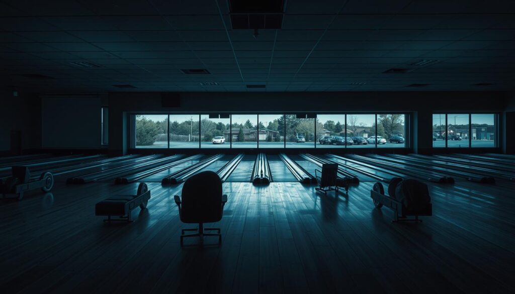 A desolate bowling alley, its once-vibrant lanes now eerily silent. Dimly lit, the space conveys a sense of abandonment, chairs upended, bowling balls and pins scattered haphazardly. The scene is bathed in a somber, bluish hue, evoking the loneliness and melancholy of the pandemic's impact. Through the windows, a glimpse of an empty parking lot, a stark contrast to the bustling crowds once drawn to this beloved community hub. The image captures the bittersweet reality of a beloved institution forced to shutter its doors, a poignant reminder of the challenges faced by small businesses during unprecedented times.