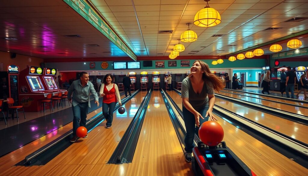 A well-lit community bowling alley, its mid-century modern decor evoking nostalgic memories. In the foreground, a group of friends sharing laughter and camaraderie as they roll balls down the sleek, polished lanes. Neon-lit scoring panels cast a warm glow, while the background reveals the bustling arcade, the clatter of pins, and the jovial chatter of other patrons. The scene exudes a sense of timeless, small-town charm - a testament to the enduring appeal of this quintessential social hub.