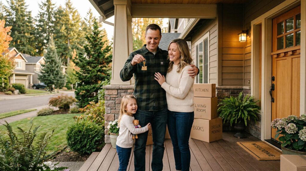 Oregon law enforcement professional and family outside a newly purchased home shannon mcalister pdx home loan