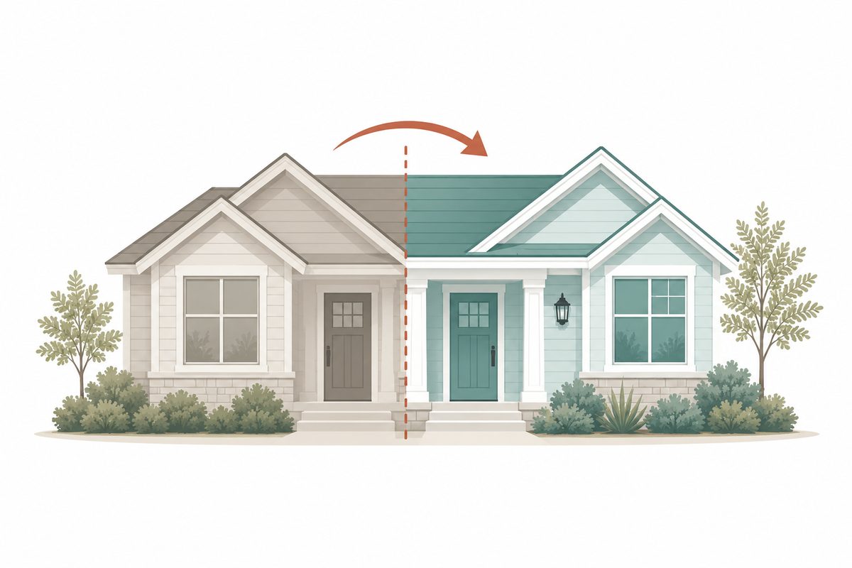 Illustration of a house transitioning to represent a HECM to HECM reverse mortgage refinance in Oregon