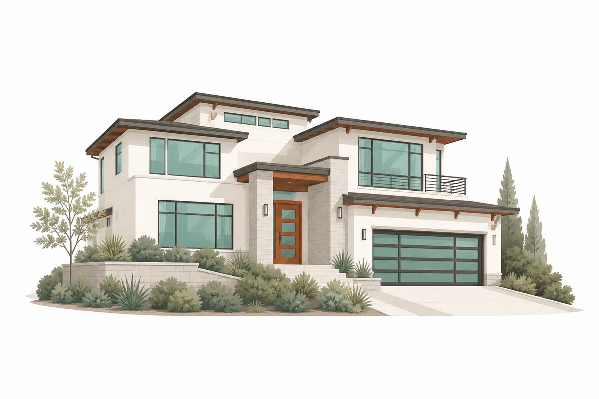 Illustration of a large modern house representing a jumbo reverse mortgage in Oregon