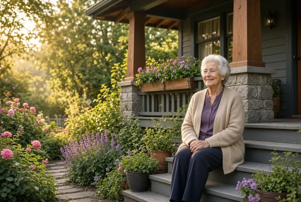 Retired elderly woman smiling on the front porch steps of a Portland home surrounded by a garden_home-owners-pdx.com