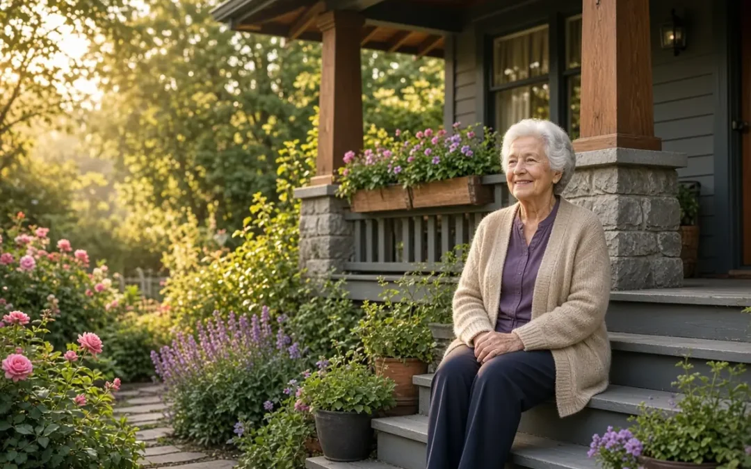 Retired elderly woman smiling on the front porch steps of a Portland home surrounded by a garden_home-owners-pdx.com