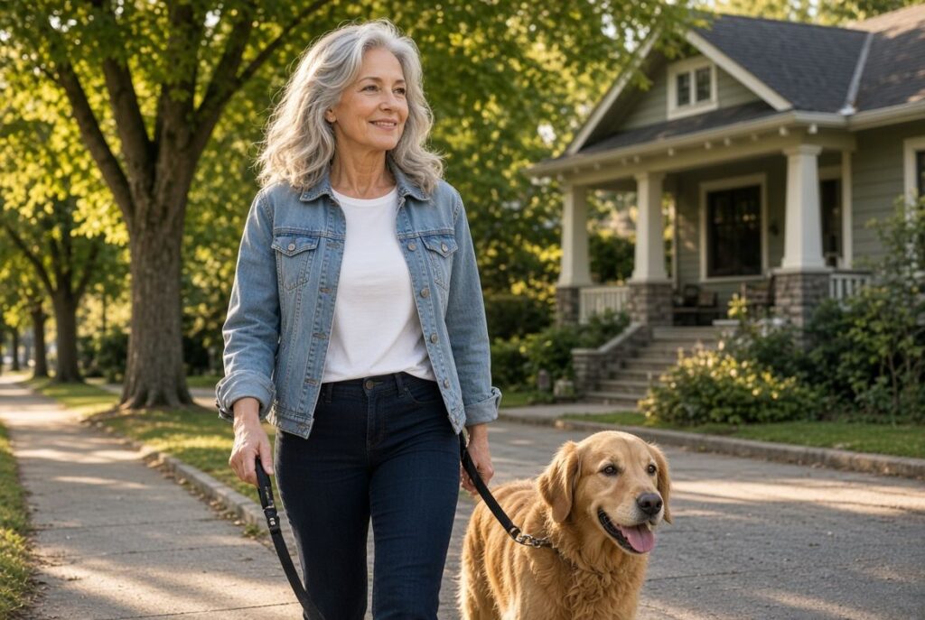 Retired Oregon homeowner walking her dog in front of her craftsman home after using a reverse second mortgage_home-owners-pdx.com