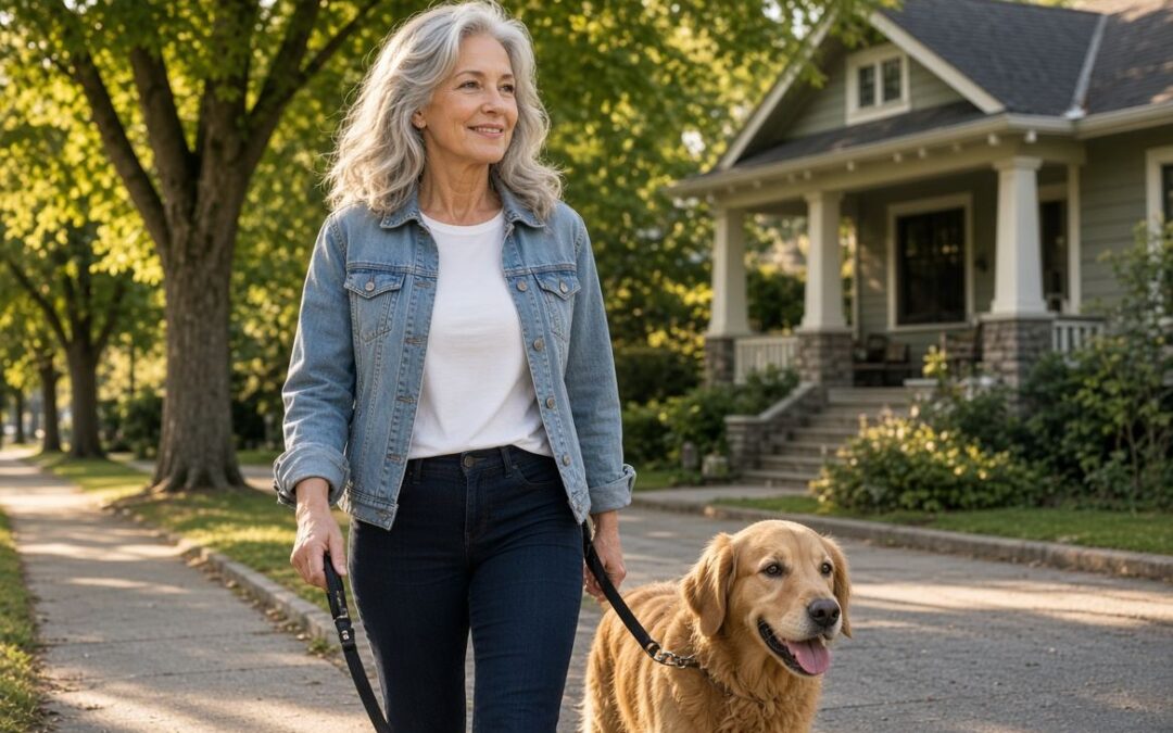 Retired Oregon homeowner walking her dog in front of her craftsman home after using a reverse second mortgage_home-owners-pdx.com