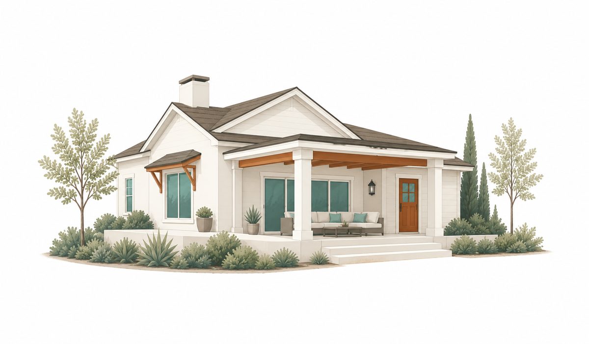 Illustration of a house with a covered porch representing a reverse second mortgage in Oregon